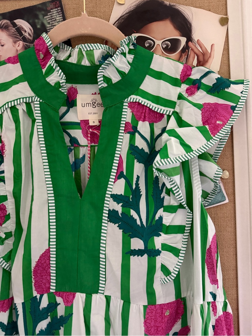 Umgee Green & Pink Floral Stripe Maxi Dress with Ruffle Collar - Picture 2 of 3